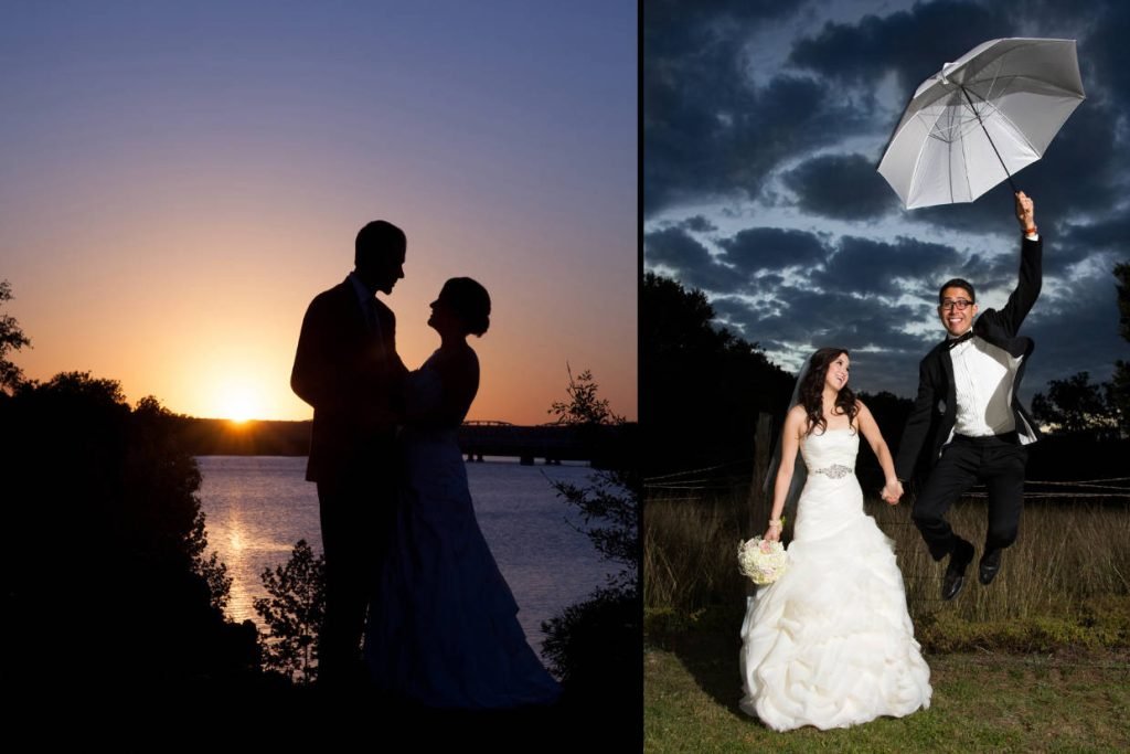 A dual image of wedding couples. The first image is a silhouette of a couple in front of a lake at sunset. The second image shows a groom jumping and carrying an umbrella while holding his bride's hand. Images captured by Infinity Video & Photo, a wedding videographer and photographer in Fredericksburg TX