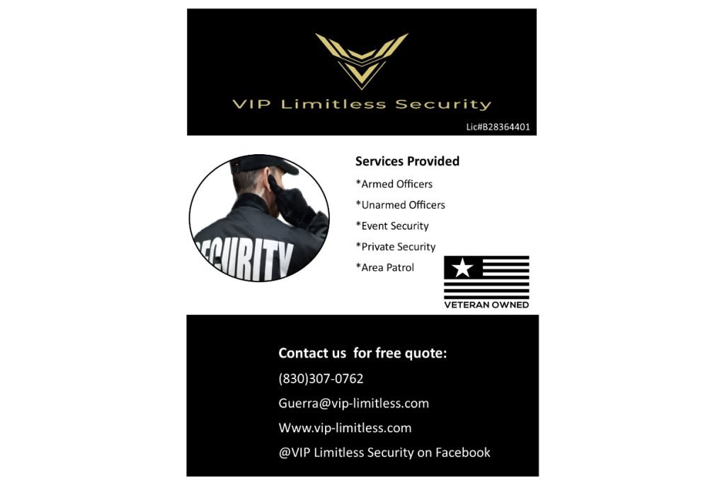 A flyer for VIP Limitless Security, showing their services of wedding security in Fredericksburg TX and their contact info