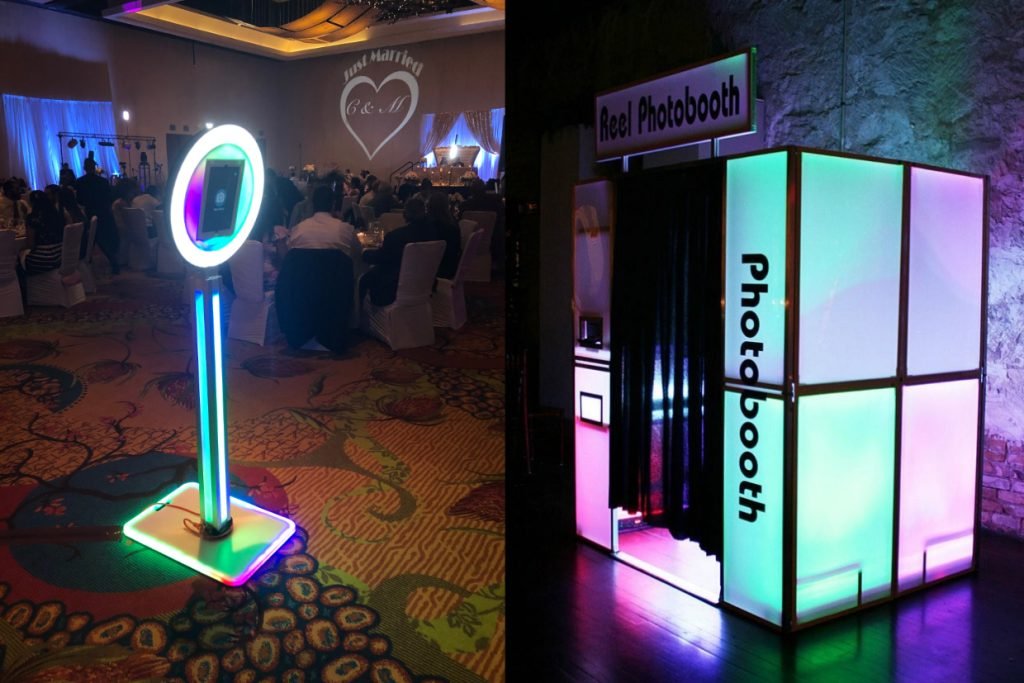 A multi-colored glowing wedding photo booth by Reel Photo Booth in Fredericksburg TX
